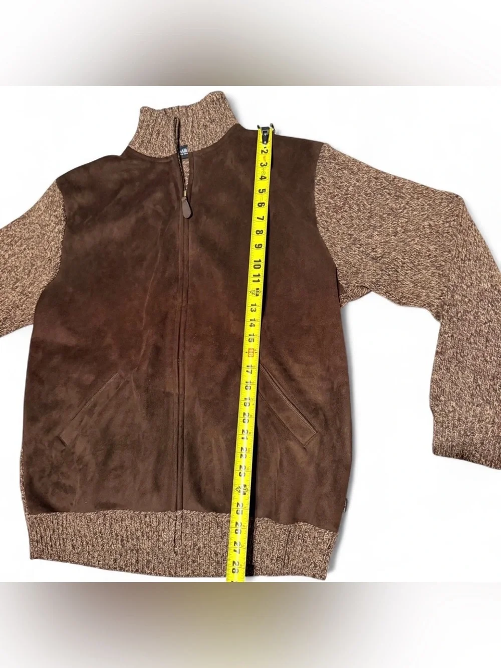 Men's Brown Suede Front Knit-Trim Zip Jacket